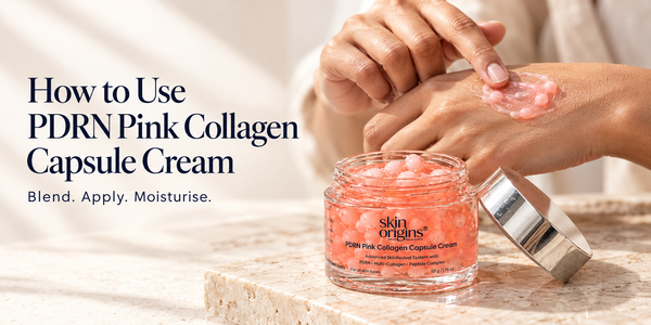 A girl showcasing in her hand how we use PDRN pink collagen capsule cream.