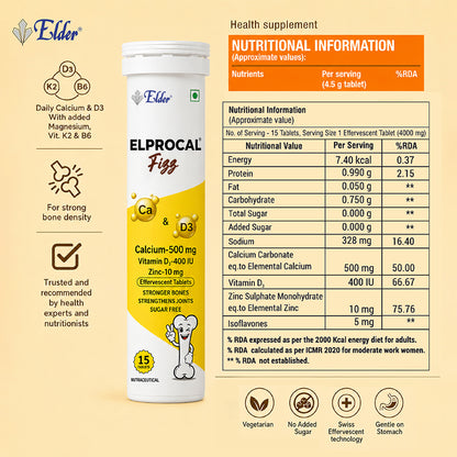 ELPROCAL FIZZ Calcium + Vitamin D3 + Zinc Effervescent Tablets | 30 Tablets | Pack of 2
