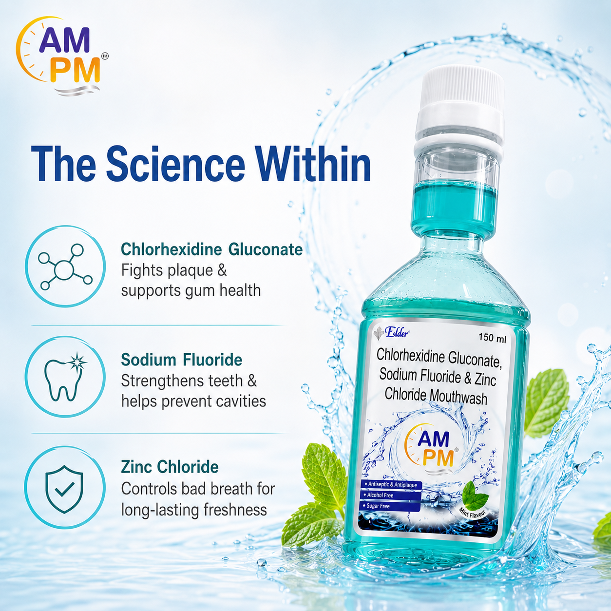 AM PM Antiseptic and Antiplaque  Mouthwash | Alcohol Free | 150ml