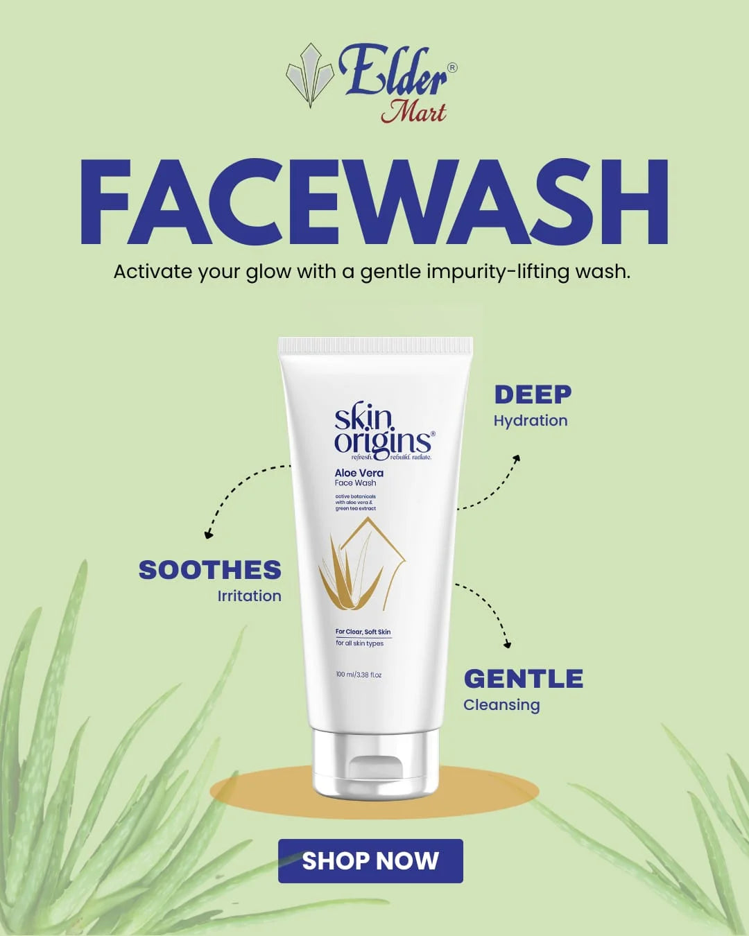 Tube of skin origins face wash with promotional text on a green background