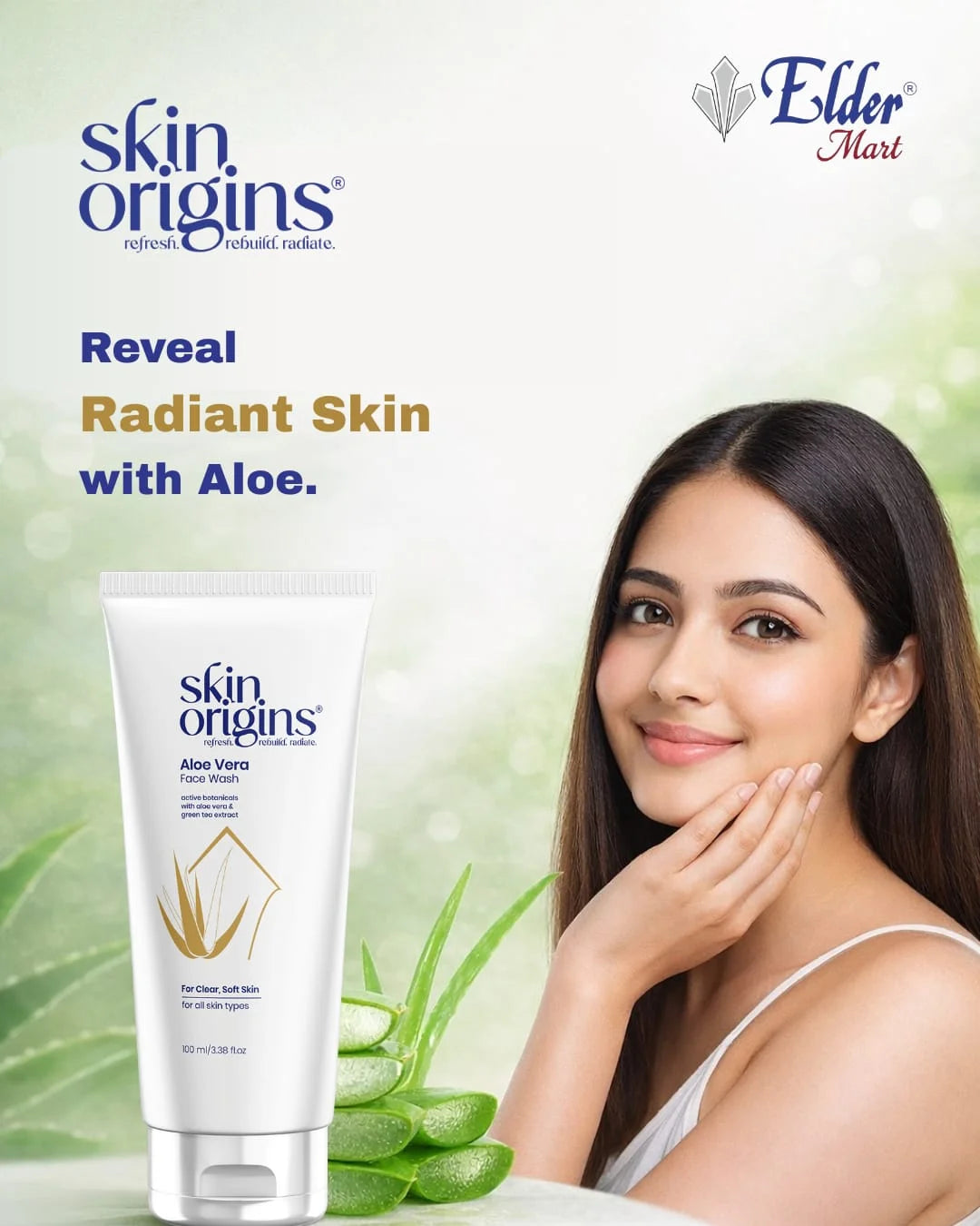 Woman with radiant skin holding a Skin Origins aloe vera product with aloe leaves and 'Elder Mart' branding.