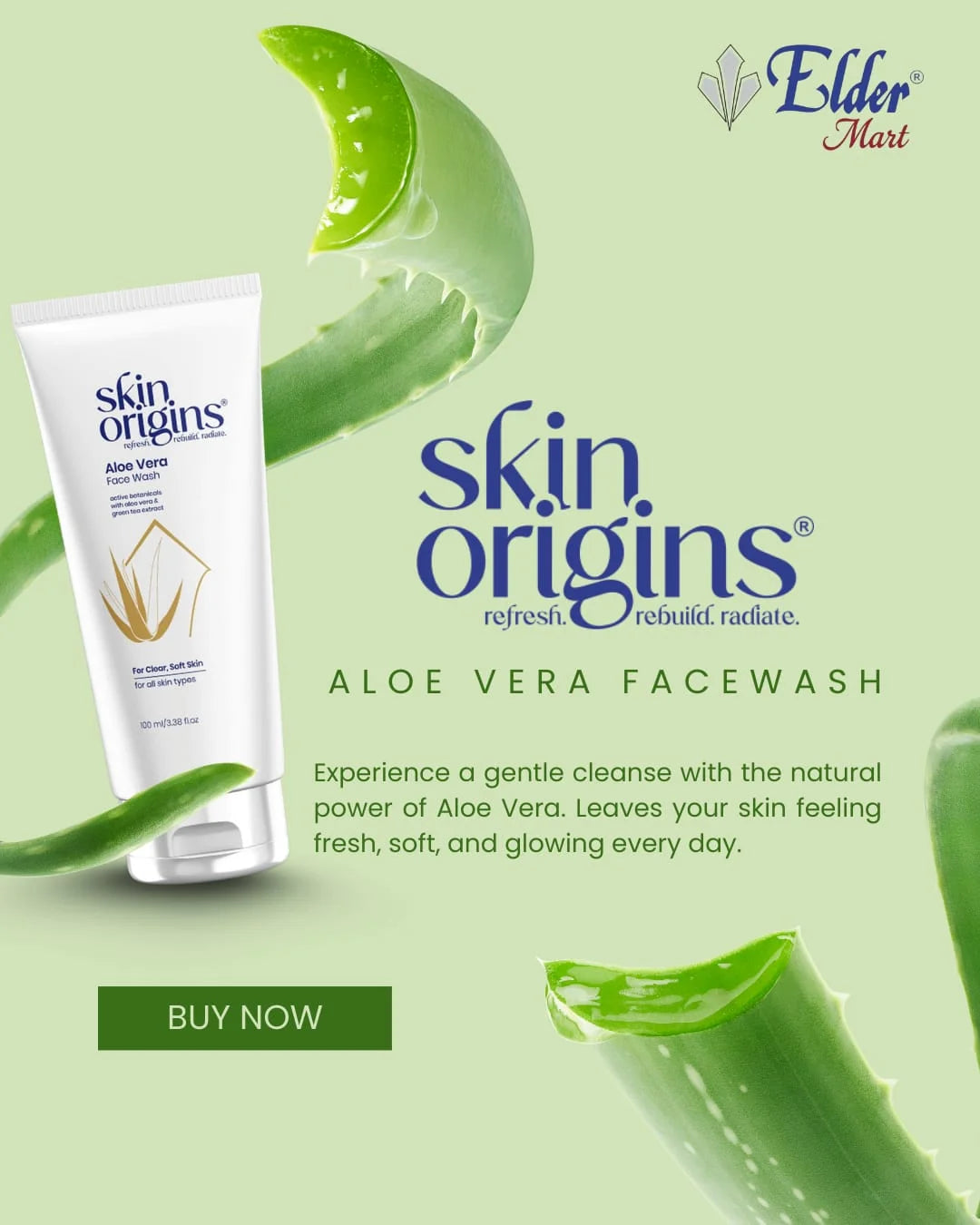 Skin Origins Aloe Vera Facewash with aloe vera leaves on a green background