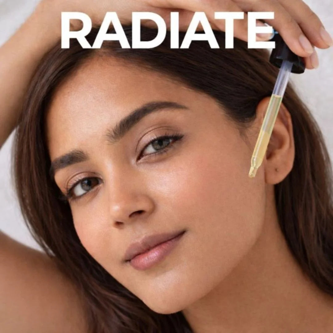 Woman applying a dropper of skincare product to her face with 'Radiate' text above.