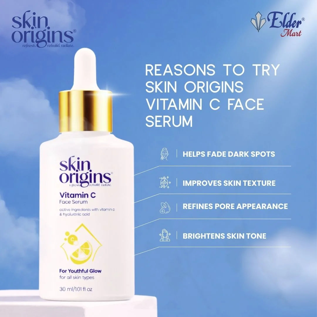 Skin Origins Vitamin C face serum with benefits listed on a blue background