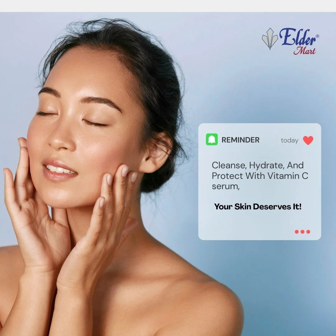 Woman touching her face with a skincare reminder message on a blue background