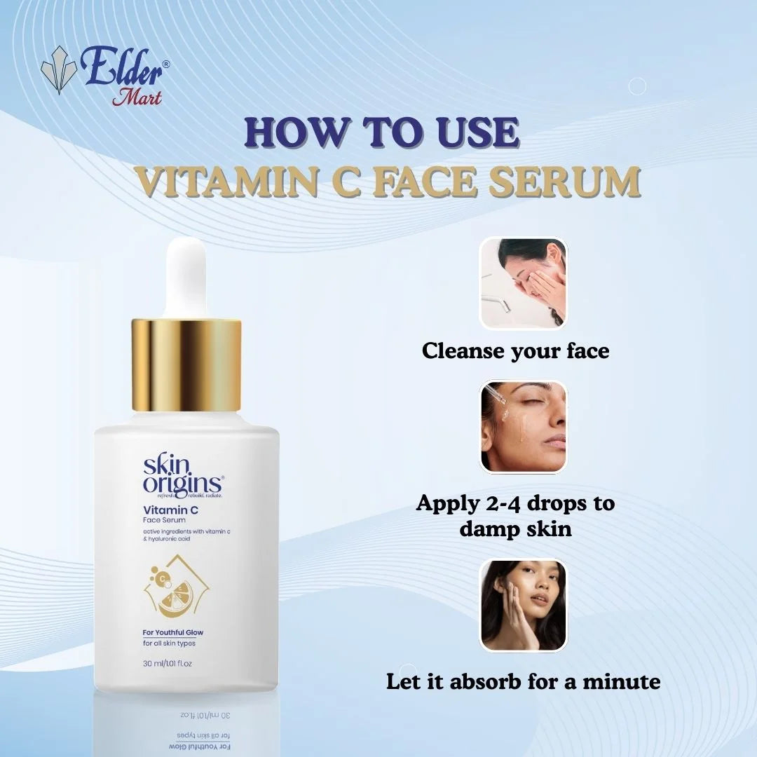 Vitamin C face serum with usage instructions on a blue background