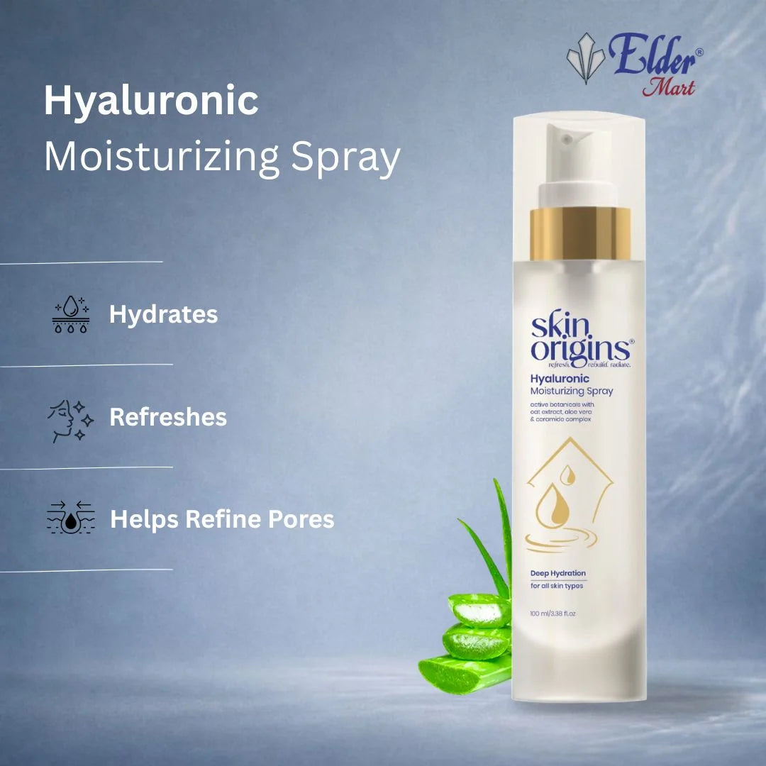 Hyaluronic Moisturizing Spray bottle with aloe vera leaves on a blue background, featuring Elder Mart brand.