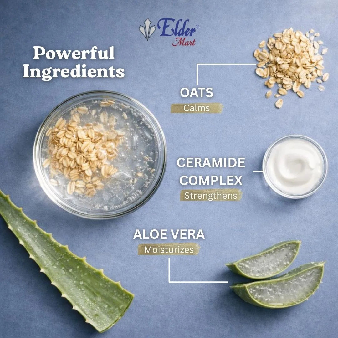 Product with oats, ceramide complex, and aloe vera on a blue background, featuring Elder Mart branding.