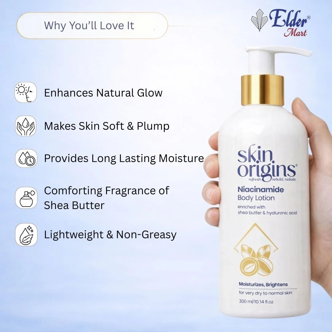 Skin Origins Niacinamide Body Lotion held by a hand with product features listed on a light blue background.