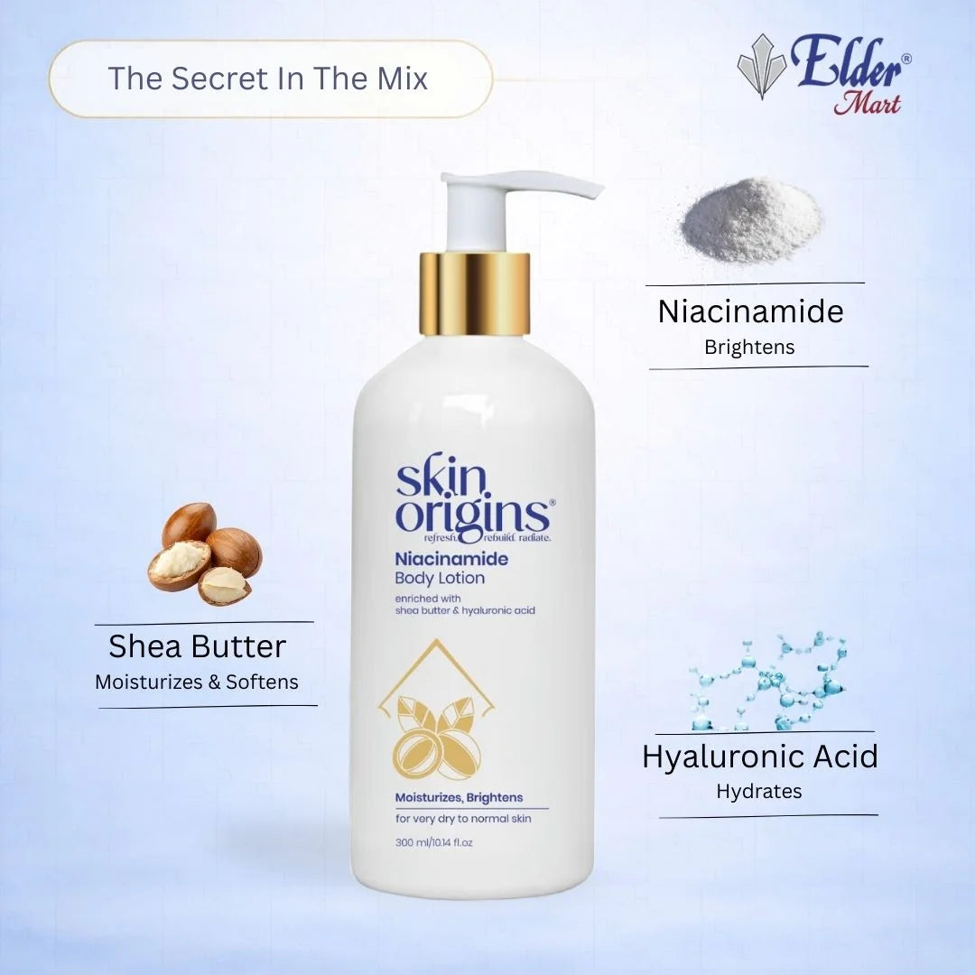 Skin Origins Niacinamide Body Lotion with ingredients listed on a light blue background