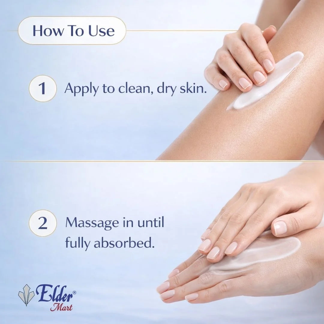 Instructions on how to use a skincare product with a close-up of hands applying cream.