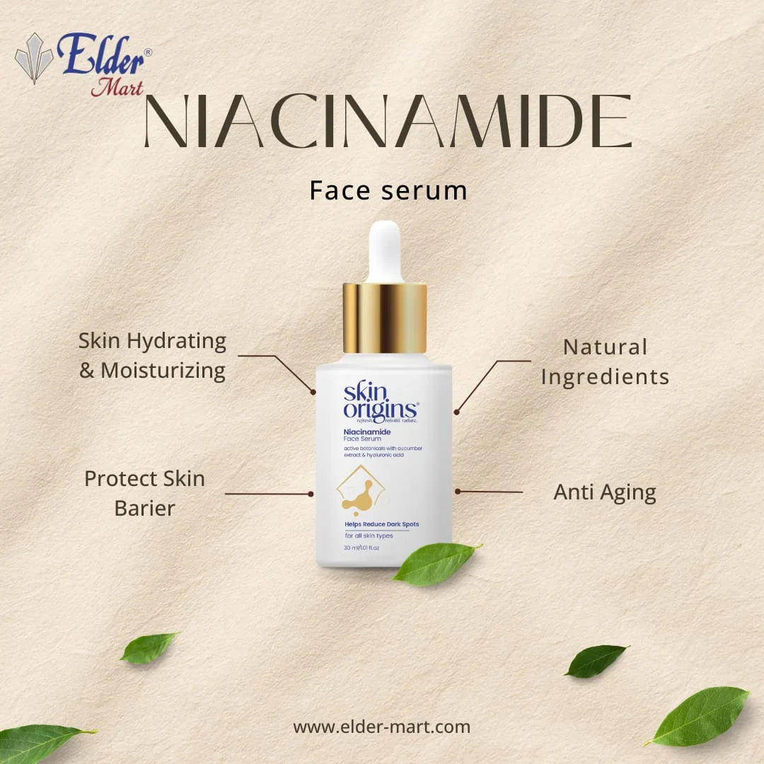 Niacinamide face serum bottle with benefits on a beige background