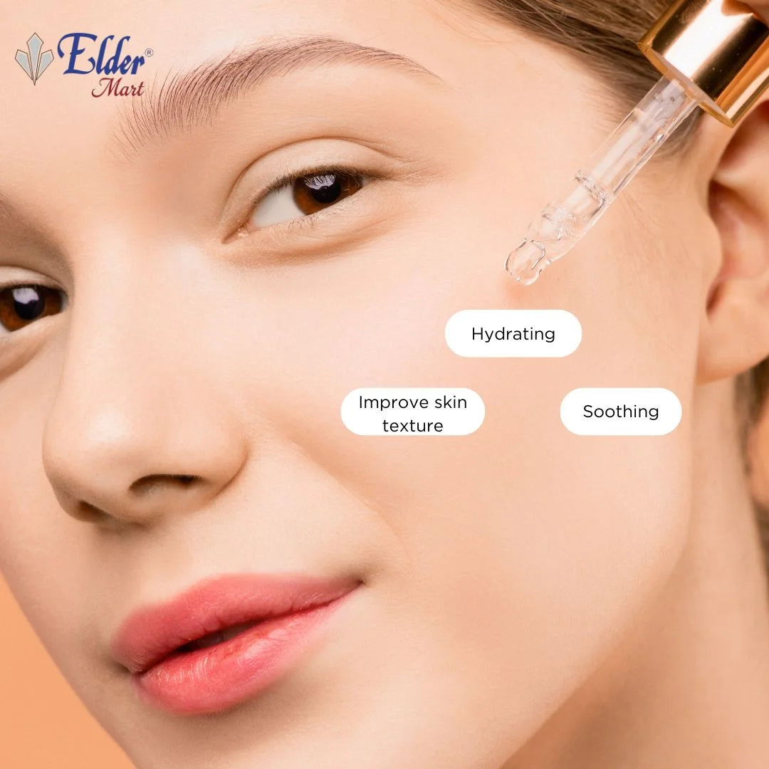 Close-up of a woman's face with a dropper applying skincare product, labeled for benefits.