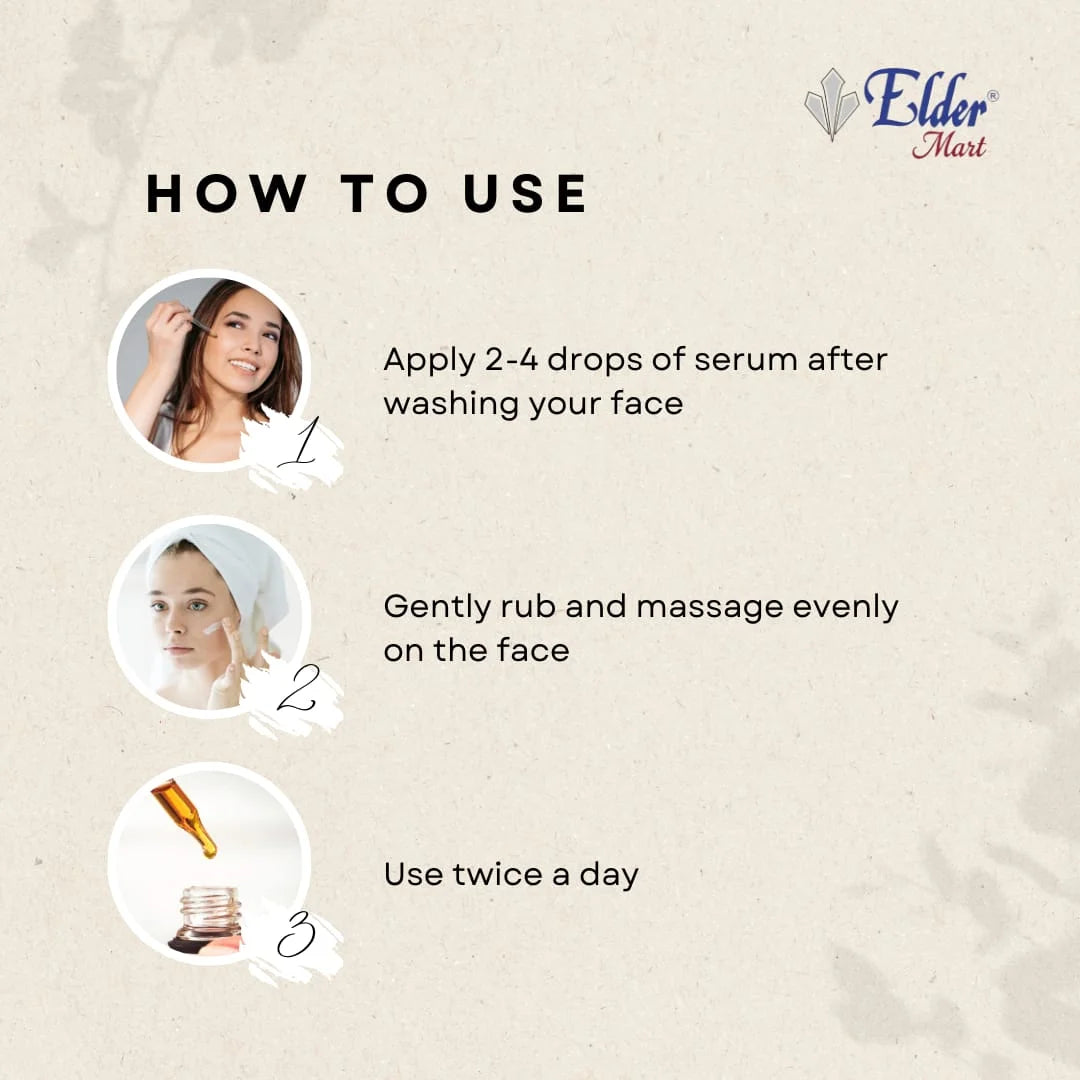 Instructions on how to use a serum with a woman applying it and product imagery, branded as Elder Mart.