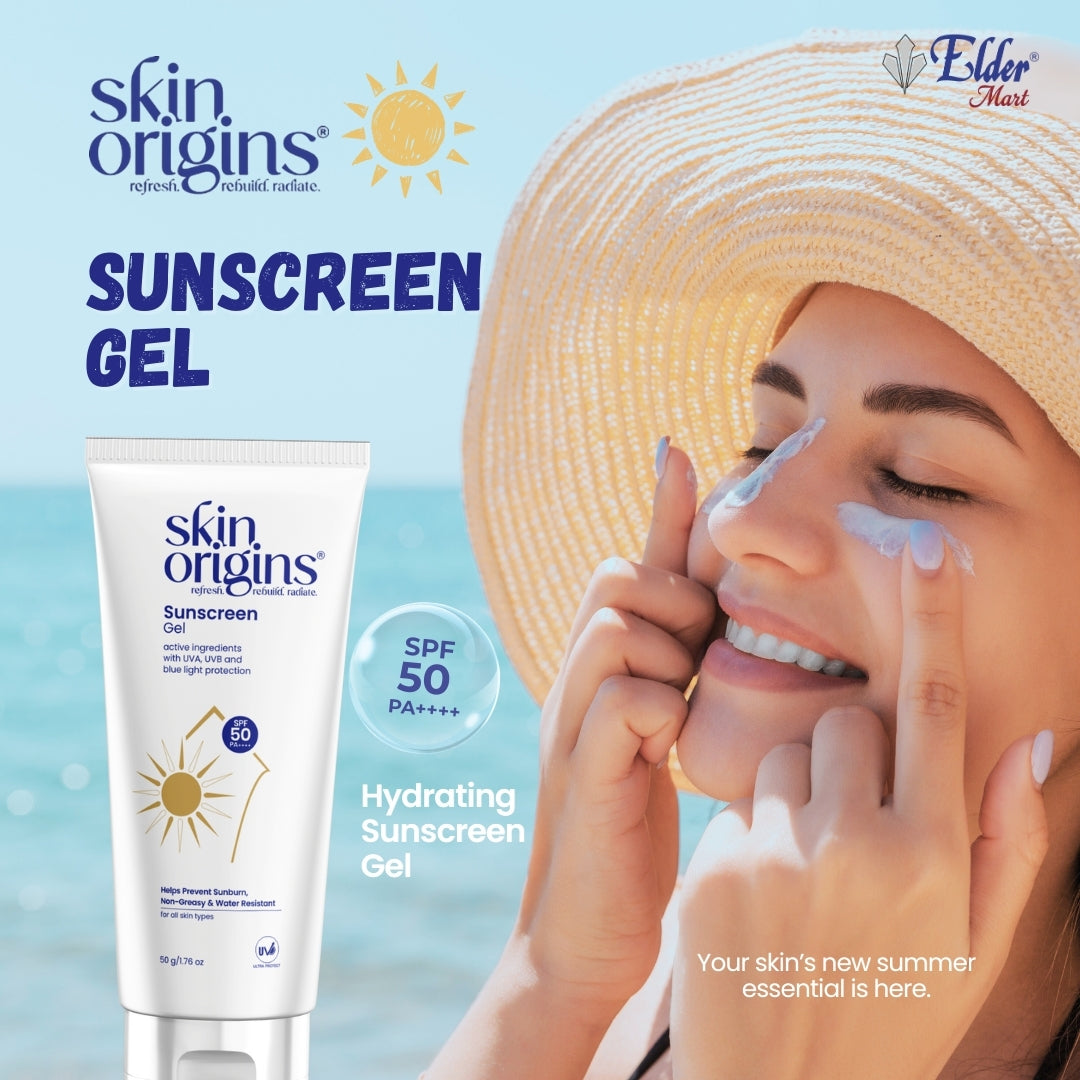 Woman applying sunscreen gel with 'skin origins' branding on a blue background
