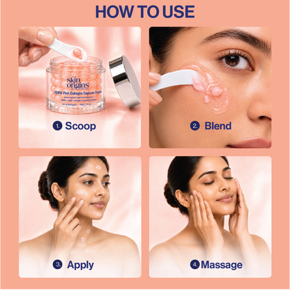 Four steps to use PDRN capsule cream: scoop, blend, apply and massage