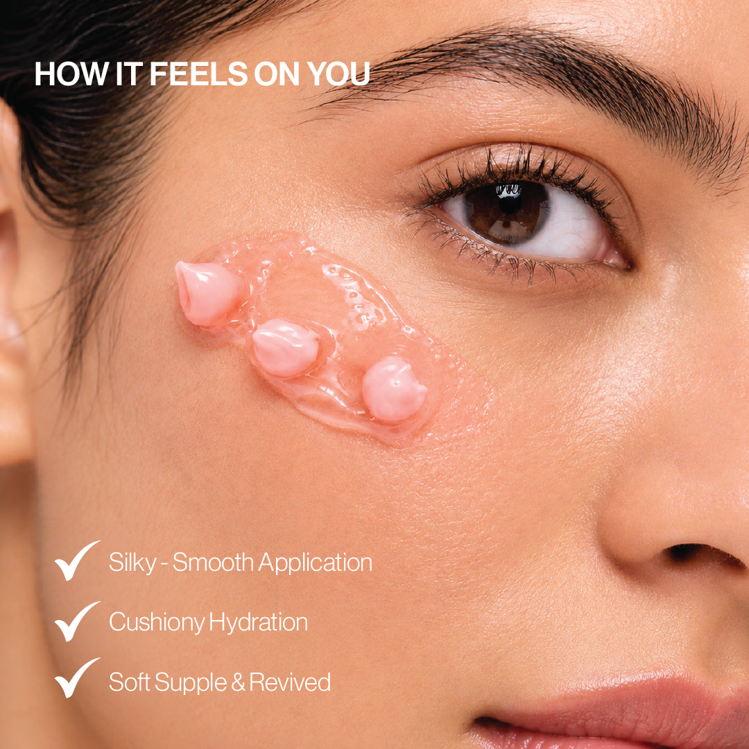 PDRN pink capsule cream and hydrating gel texture applied to the cheek