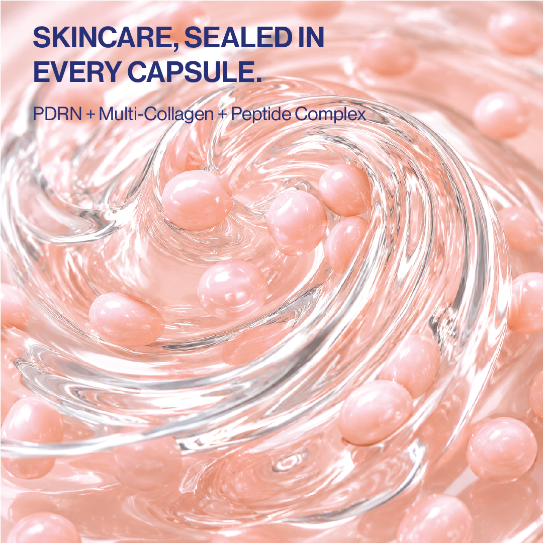 Pink PDRN cream capsules suspended in transparent hydrating gel