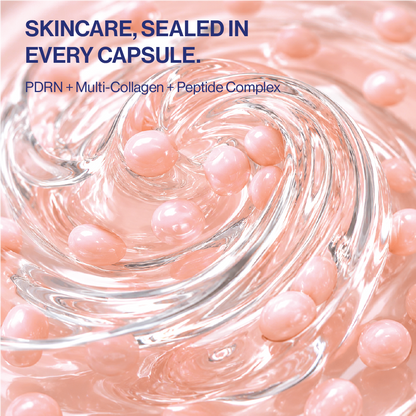 Pink PDRN cream capsules suspended in transparent hydrating gel