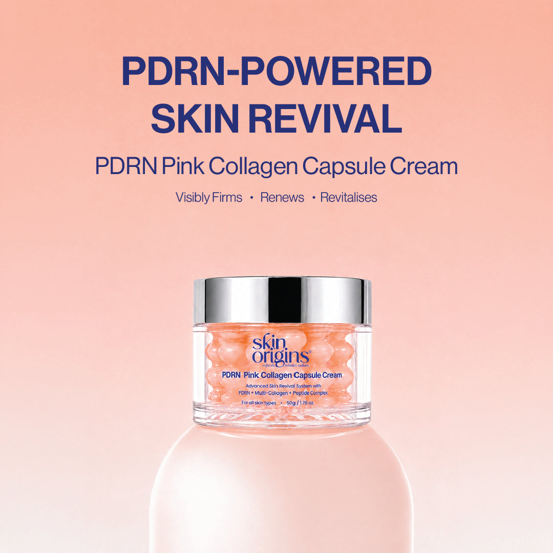 Skin Origins PDRN Pink Collagen Capsule Cream 50 g jar on a peach background